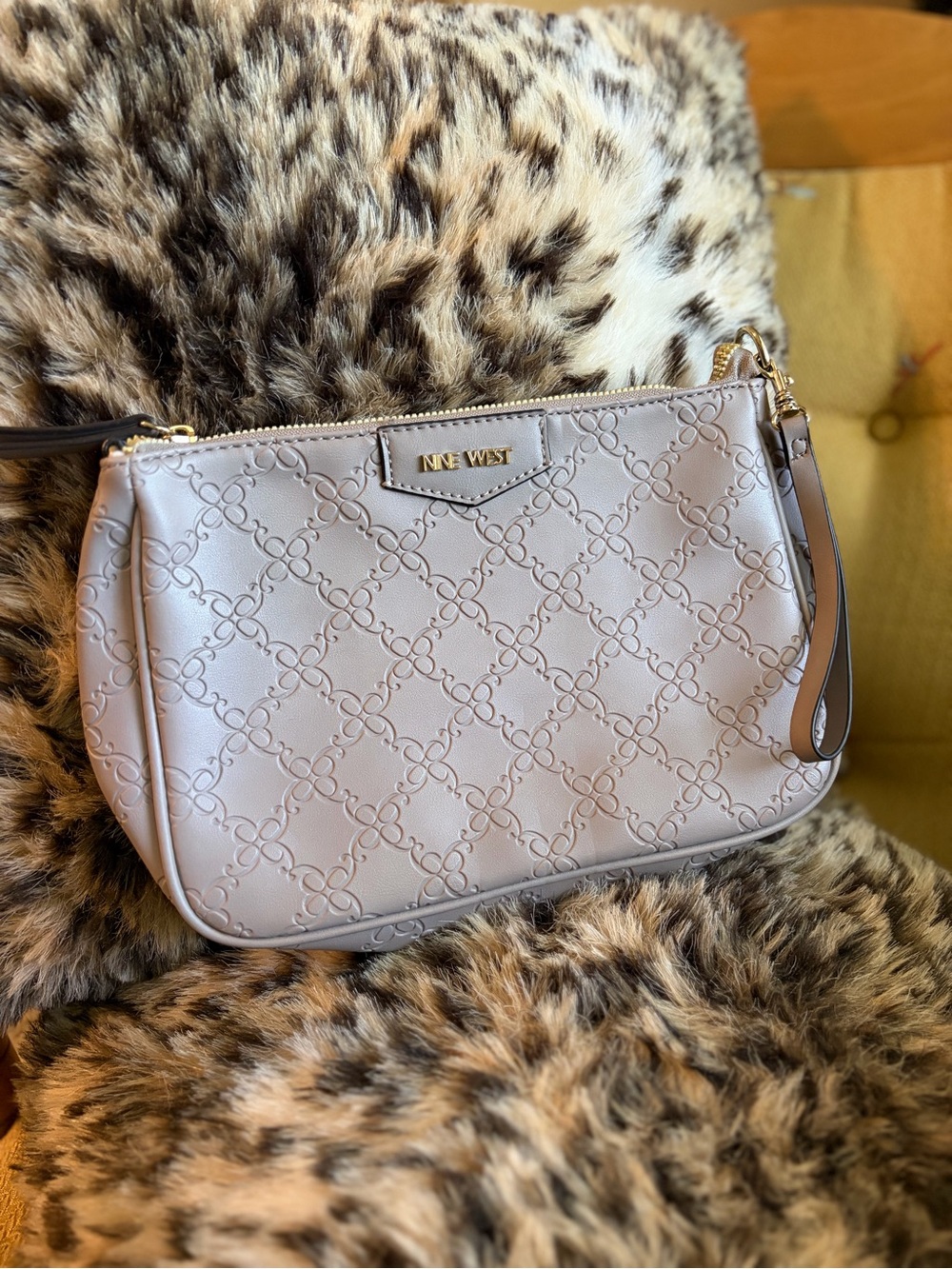 Nine West Taupe Embossed Leather Wristlet with Gold Tone Logo #1264